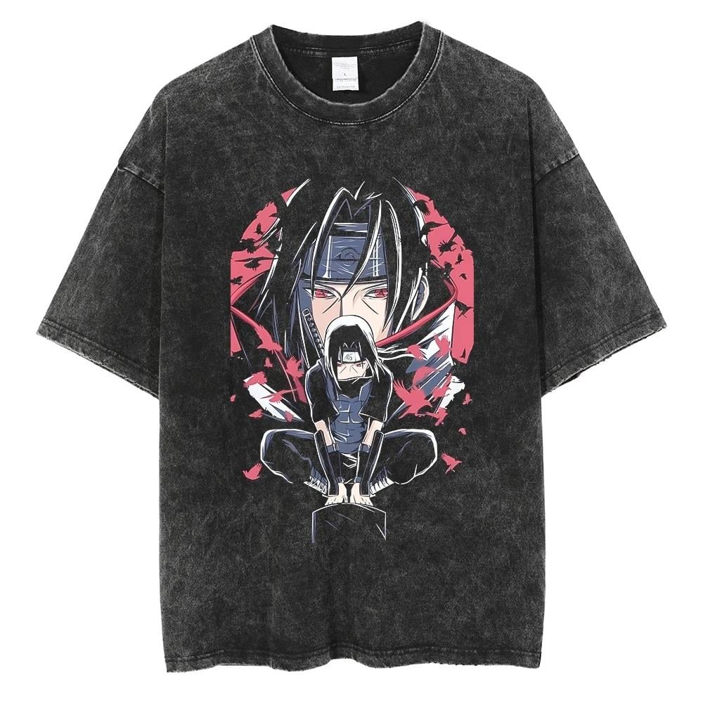 ESC BUTİK Yıkamalı Anime Naruto Itachi Baskılı Unisex Oversize Vintage T-shirt