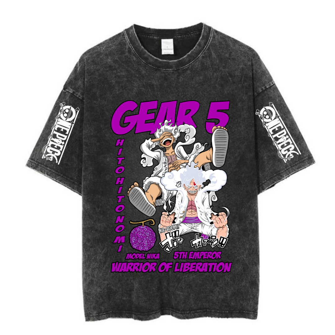 ESC BUTİK  Yıkamalı Anime One Piece Gear Five Baskılı Unisex Oversize Vintage T-shirt