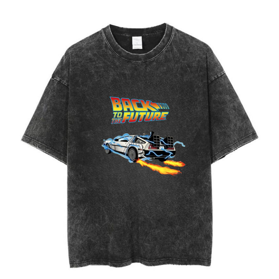 ESC BUTİK Yıkamalı Back To The Future Baskılı Unisex Oversize Vintage T-shirt