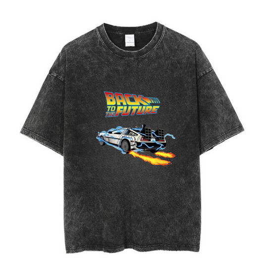 ESC BUTİK Yıkamalı Back To The Future Baskılı Unisex Oversize Vintage T-shirt