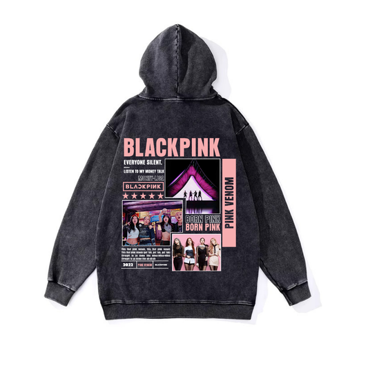 ESC BUTİK Yıkamalı Black Pink Vintage Kapüşonlu Sweatshirt