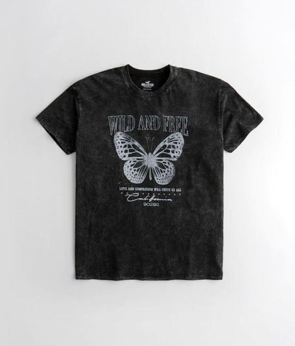 ESC BUTİK Yıkamalı Butterfly Baskılı Unisex Oversize Vintage T-shirt