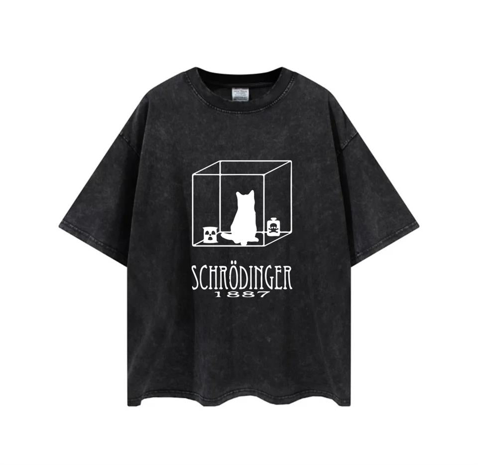 ESC BUTİK Yıkamalı Cat In Cube Baskılı Unisex Oversize Eskitme T-shirt