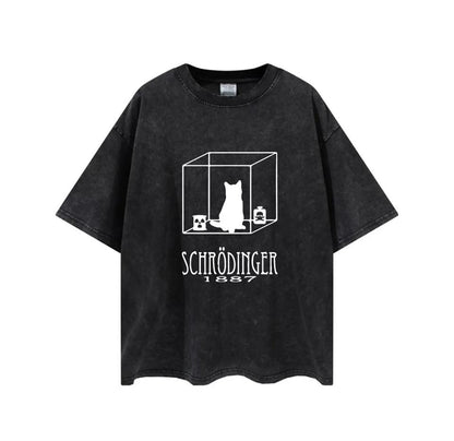 ESC BUTİK Yıkamalı Cat In Cube Baskılı Unisex Oversize Eskitme T-shirt