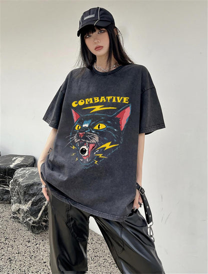 ESC BUTİK Yıkamalı Combative Cat Baskılı Unisex Oversize Eskitme T-shirt