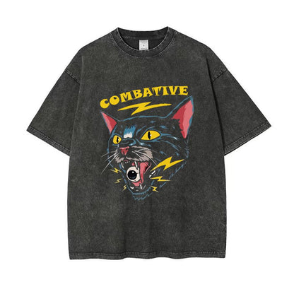 ESC BUTİK Yıkamalı Combative Cat Baskılı Unisex Oversize Eskitme T-shirt