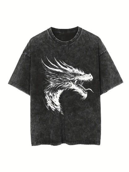 ESC BUTİK Yıkamalı Dragon Baskılı Unisex Oversize Vintage T-shirt