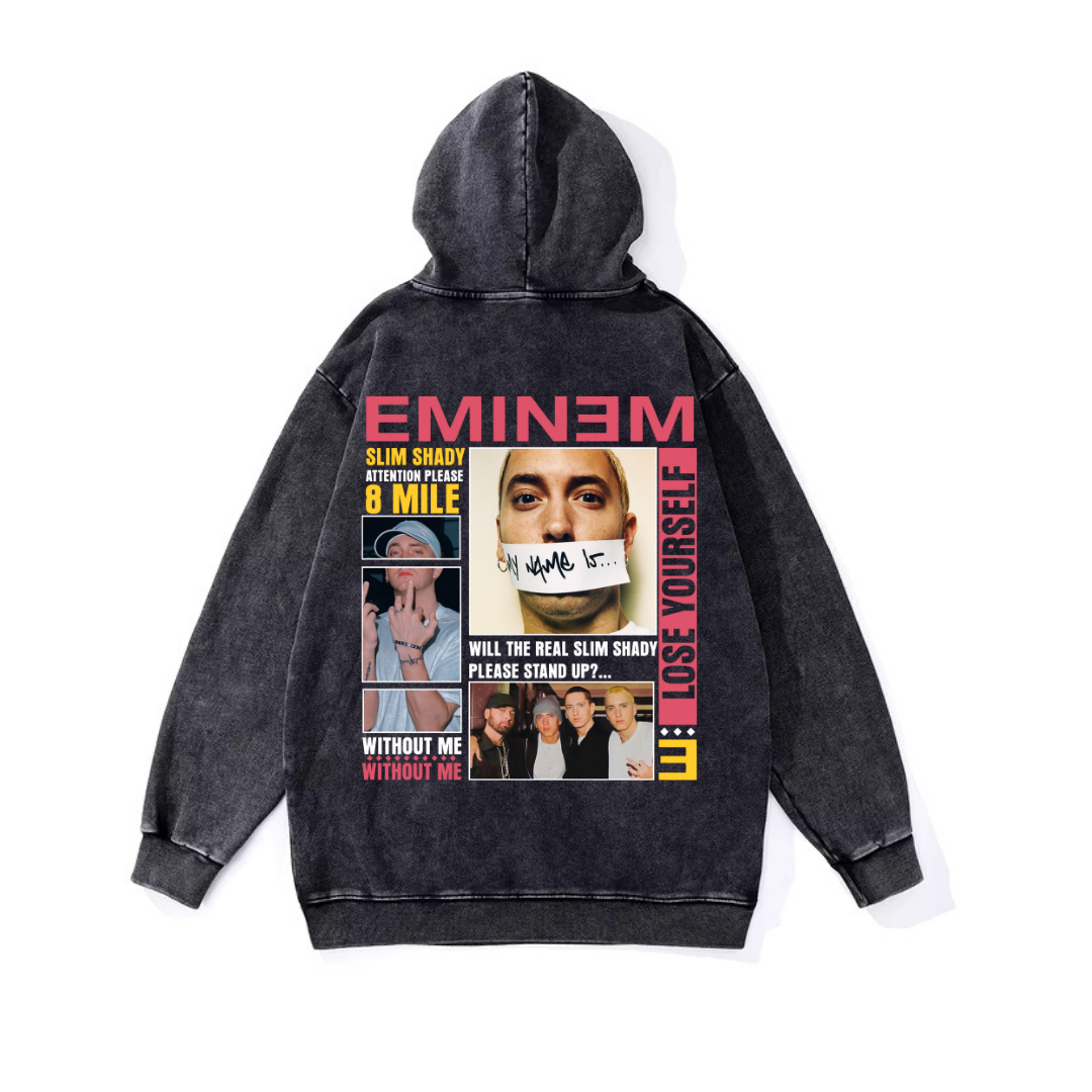 ESC BUTİK Yıkamalı Eminem Vintage Kapüşonlu Sweatshirt