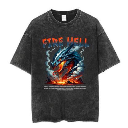 ESC BUTİK Yıkamalı Fire Hell Baskılı Unisex Oversize Vintage T-shirt