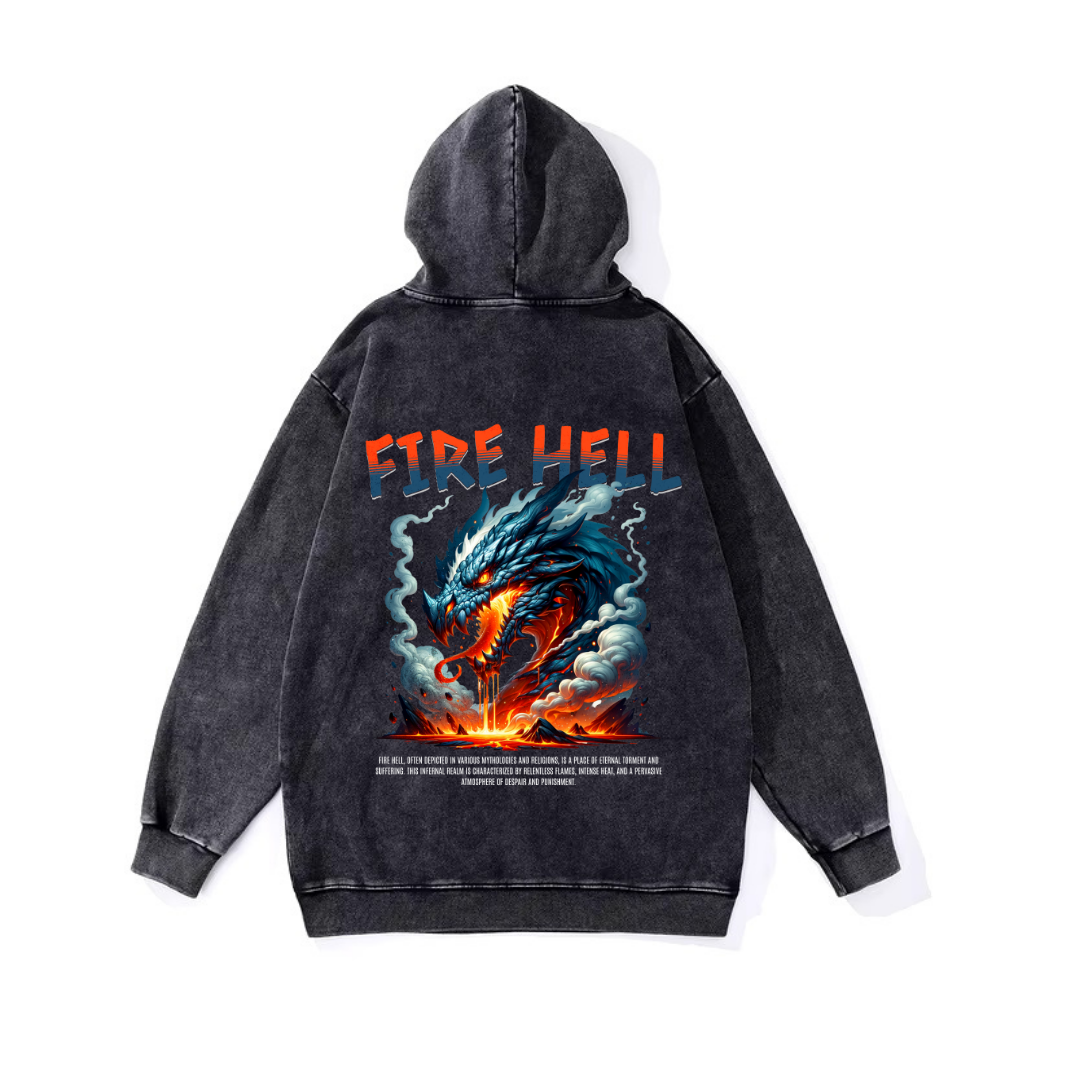 ESC BUTİK Yıkamalı Fire Hell Vintage Kapüşonlu Sweatshirt