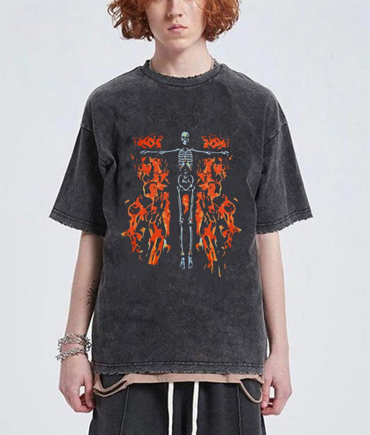 ESC BUTİK Yıkamalı Flaming Skeleton Baskılı Unisex Oversize Vintage Eskitme T-shirt