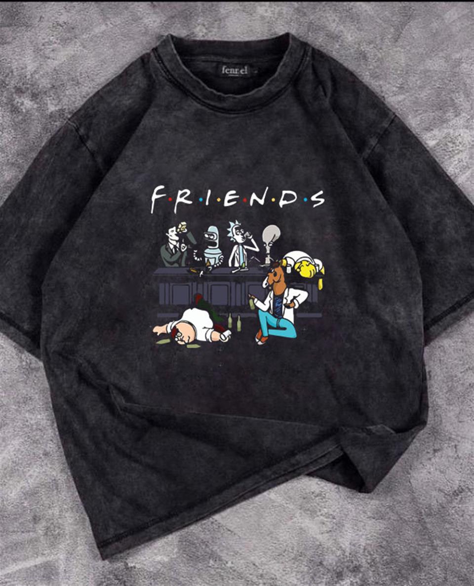 ESC BUTİK Yıkamalı Friends Baskılı Unisex Oversize Vintage Eskitme T-shirt