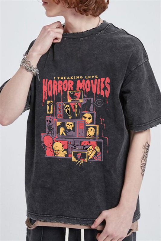 ESC BUTİK Yıkamalı Horror Movies Baskılı Unisex Oversize Vintage Eskitme T-shirt