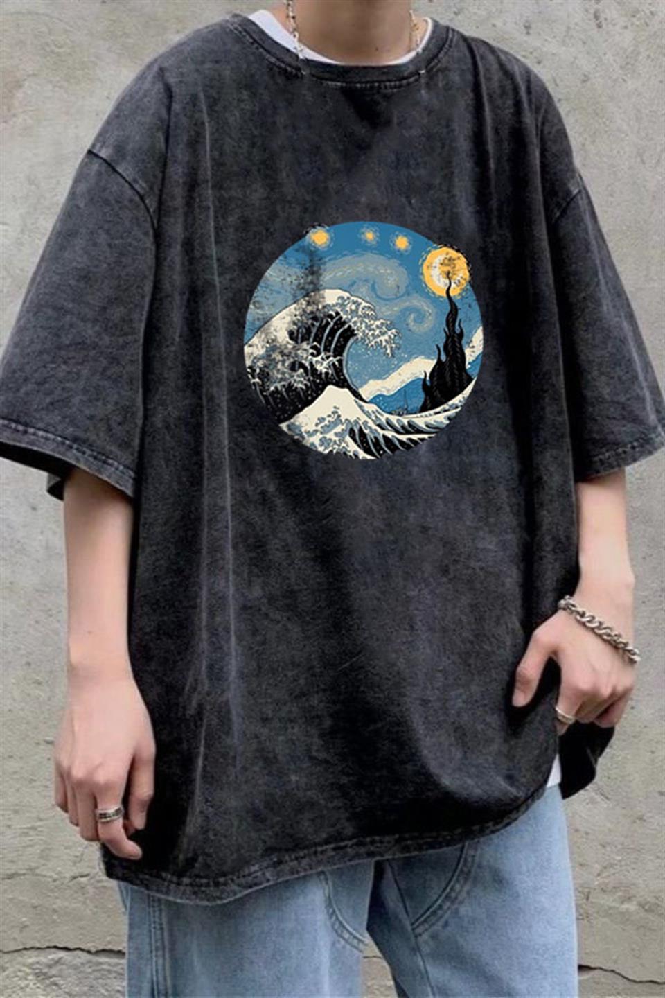 ESC BUTİK Yıkamalı Kanagawa Oki Nami Ura Unisex Eskitme T-shirt