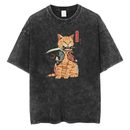 ESC BUTİK Yıkamalı Killer Cat Unisex Eskitme T-shirt