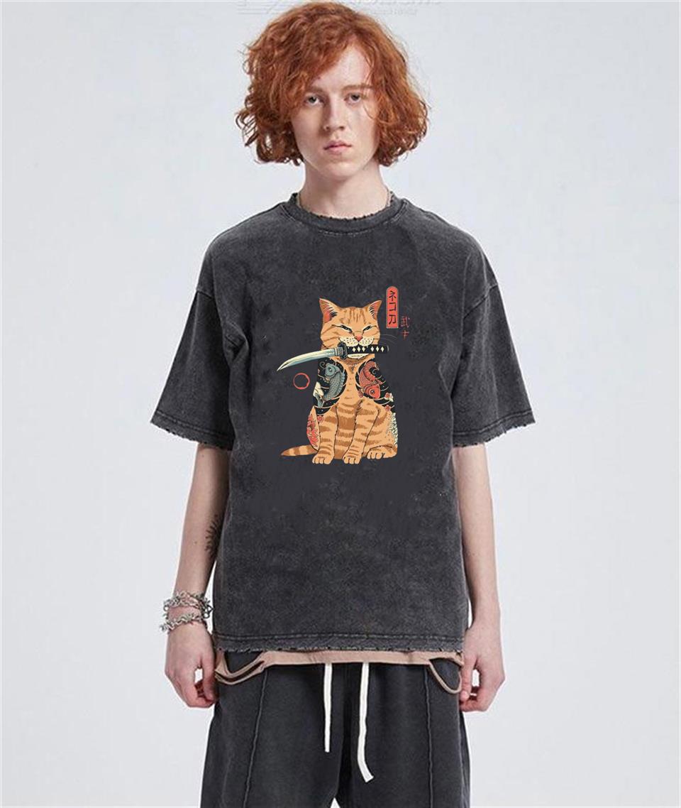 ESC BUTİK Yıkamalı Killer Cat Unisex Eskitme T-shirt