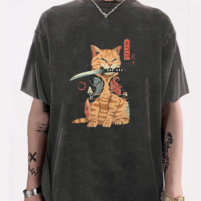 ESC BUTİK Yıkamalı Killer Cat Unisex Eskitme T-shirt