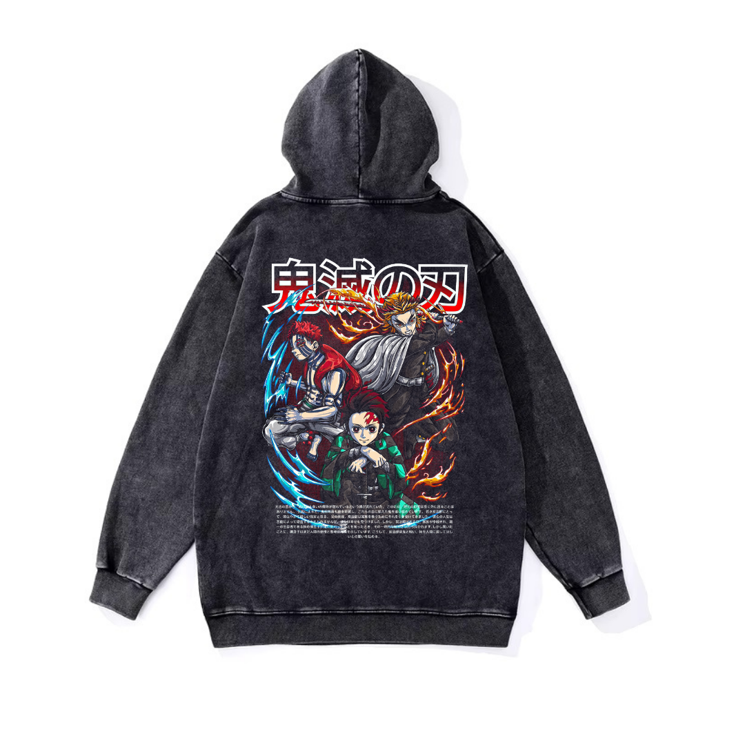 ESC BUTİK Yıkamalı Kumaş Anime Demon Slayer Kapüşonlu Hoodie Sweatshirt