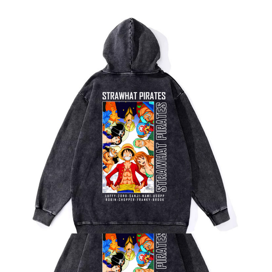 ESC BUTİK Yıkamalı Kumaş Anime One Piece Kapüşonlu Hoodie Sweatshirt