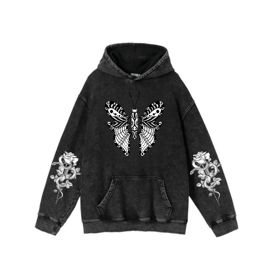 ESC BUTİK Yıkamalı Kumaş Gothic Butterfly Kapüşonlu Hoodie Sweatshirt