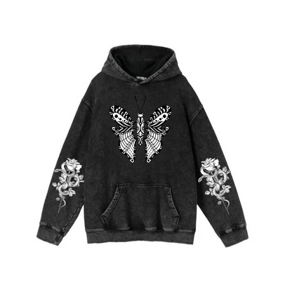 ESC BUTİK Yıkamalı Kumaş Gothic Butterfly Kapüşonlu Hoodie Sweatshirt