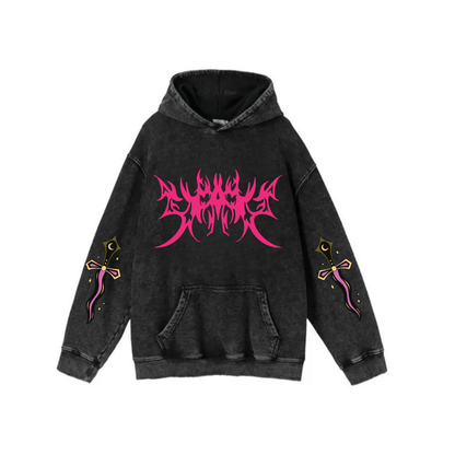 ESC BUTİK Yıkamalı Kumaş Gothic Pink Grafiti Kapüşonlu Hoodie Sweatshirt