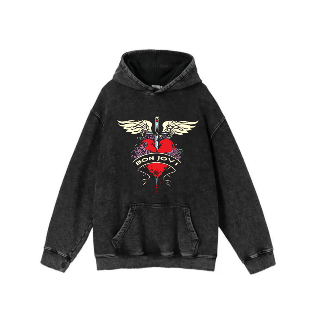 ESC BUTİK Yıkamalı Kumaş Rock Serisi Bon Jovi Kapüşonlu Hoodie Sweatshirt