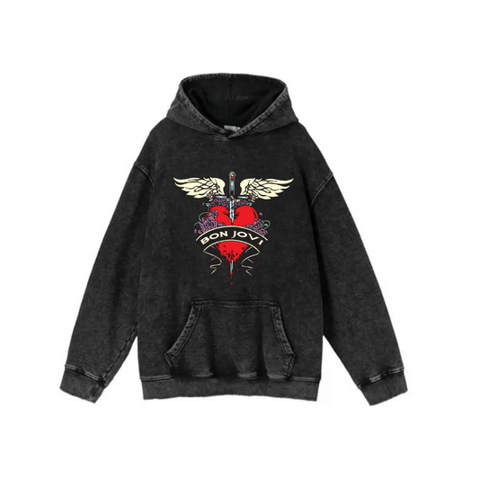 ESC BUTİK Yıkamalı Kumaş Rock Serisi Bon Jovi Kapüşonlu Hoodie Sweatshirt