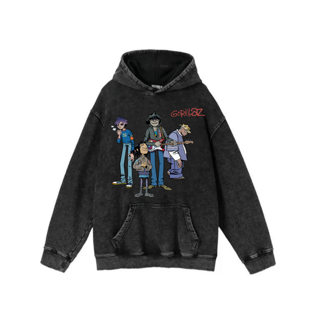 ESC BUTİK Yıkamalı Kumaş Rock Serisi Gorillaz Kapüşonlu Hoodie Sweatshirt