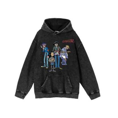 ESC BUTİK Yıkamalı Kumaş Rock Serisi Gorillaz Kapüşonlu Hoodie Sweatshirt