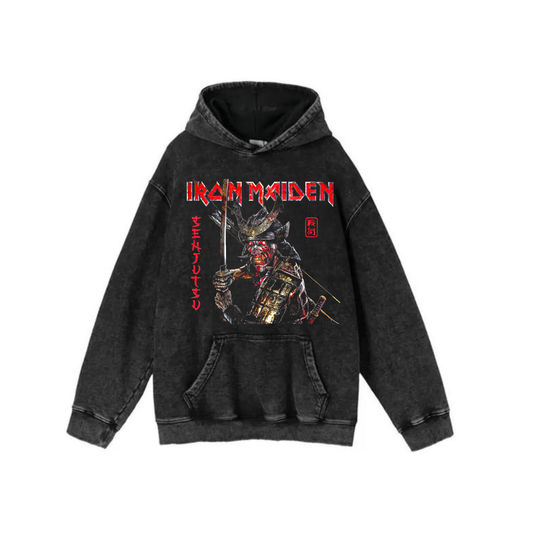 ESC BUTİK Yıkamalı Kumaş Rock Serisi Iron Maiden Kapüşonlu Hoodie Sweatshirt