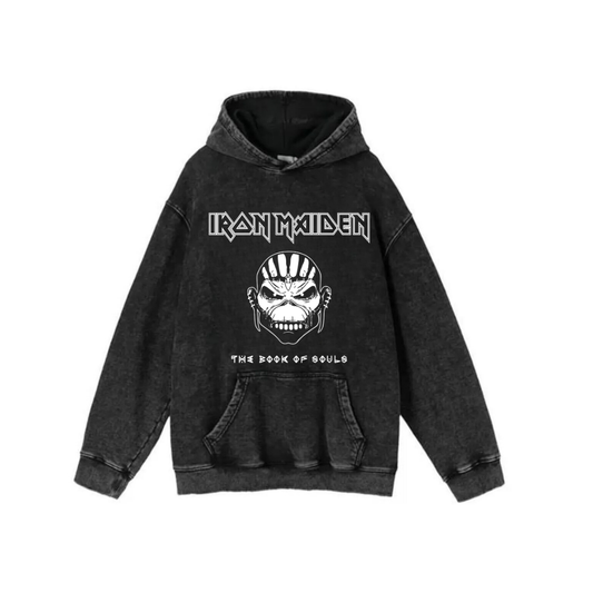 ESC BUTİK Yıkamalı Kumaş Rock Serisi Iron Maiden Kapüşonlu Hoodie Sweatshirt