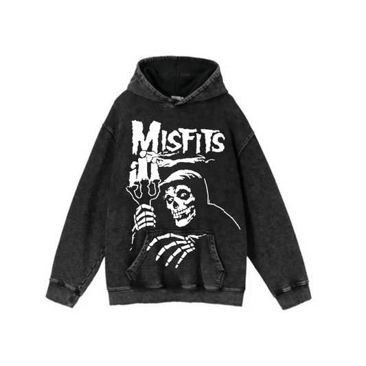 ESC BUTİK Yıkamalı Kumaş Rock Serisi Misfits Kapüşonlu Hoodie Sweatshirt