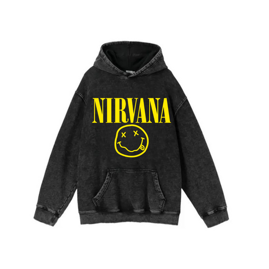 ESC BUTİK Yıkamalı Kumaş Rock Serisi Nirvana Kapüşonlu Hoodie Sweatshirt