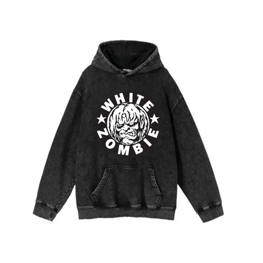 ESC BUTİK Yıkamalı Kumaş Rock Serisi White Zombie Kapüşonlu Hoodie Sweatshirt