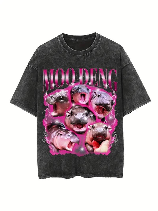 ESC BUTİK Yıkamalı Moo Deng Baskılı Unisex Oversize Vintage T-shirt