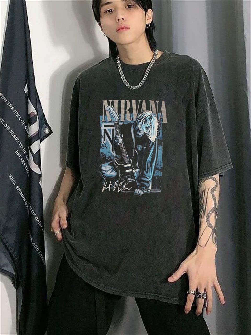 ESC BUTİK Yıkamalı Nirvana Unisex Eskitme T-shirt