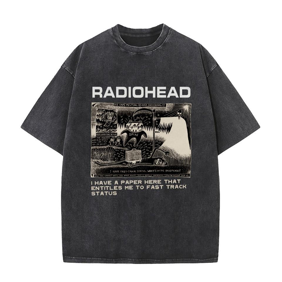 ESC BUTİK Yıkamalı Radiohead Baskılı Unisex Oversize Vintage Eskitme T-shirt