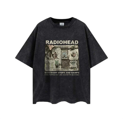 ESC BUTİK Yıkamalı Radiohead Poster Baskılı Unisex Oversize Vintage Eskitme T-shirt