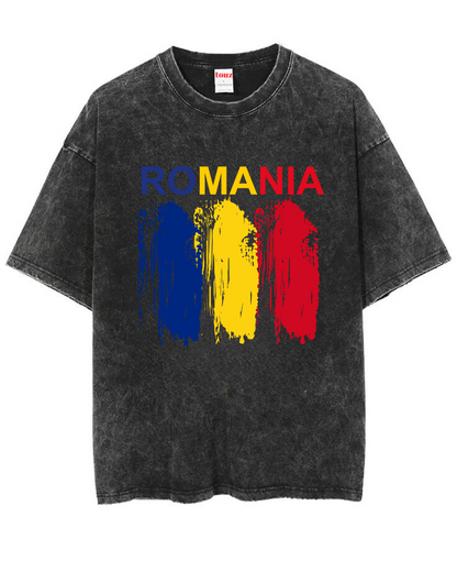 ESC BUTİK Yıkamalı Romania Baskılı Unisex Oversize Vintage T-shirt