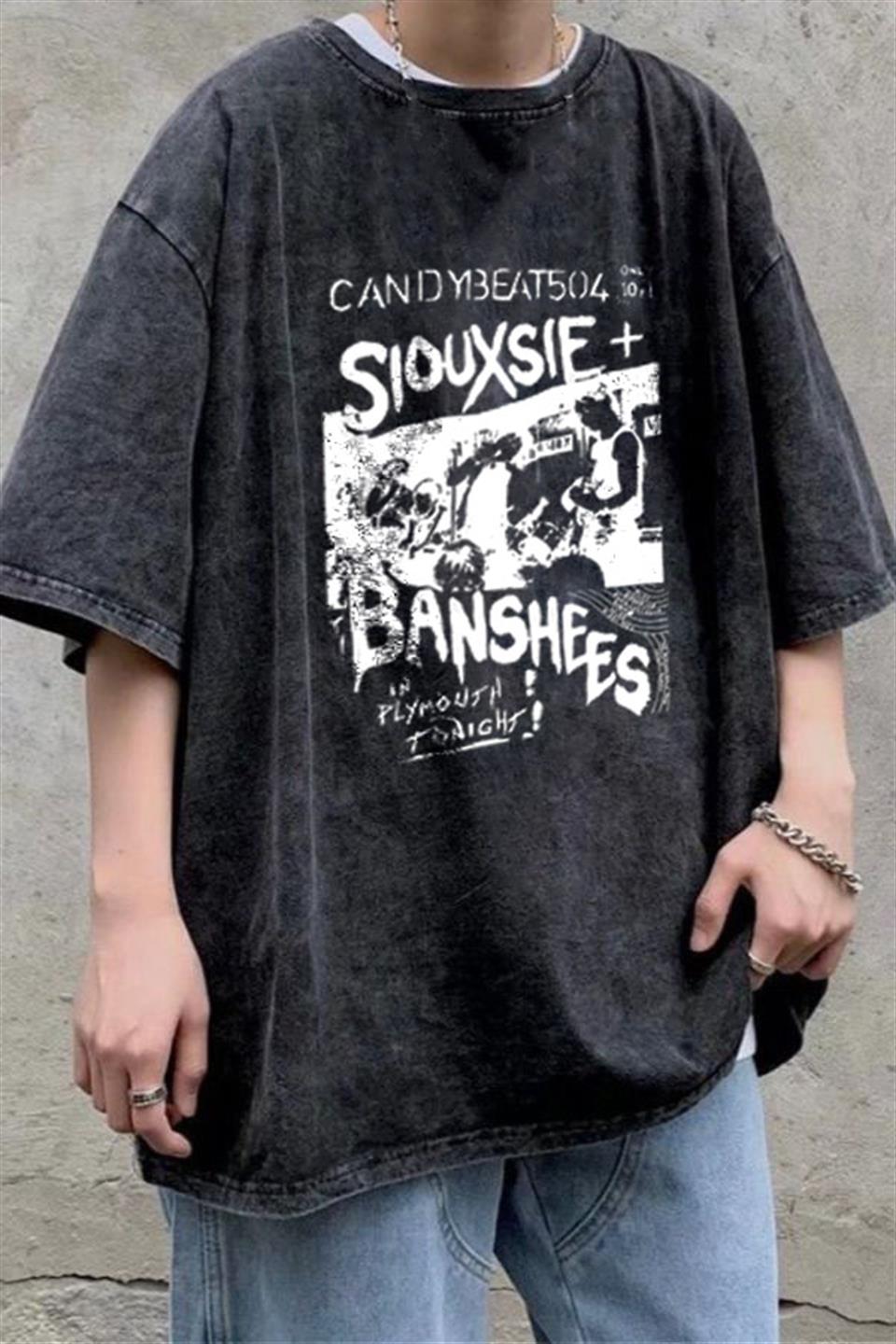 ESC BUTİK Yıkamalı Siouxsie Banshees Oversize Eskitme T-shirt