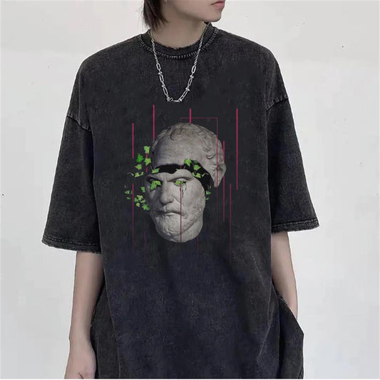 ESC BUTİK Yıkamalı Sculpture Art & Leafs Unisex Eskitme T-shirt