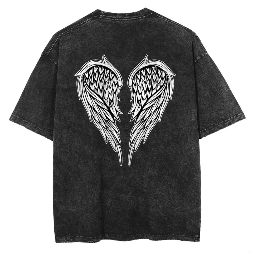 ESC BUTİK Yıkamalı Sırt Baskılı Wing Skeleton Unisex Eskitme T-shirt