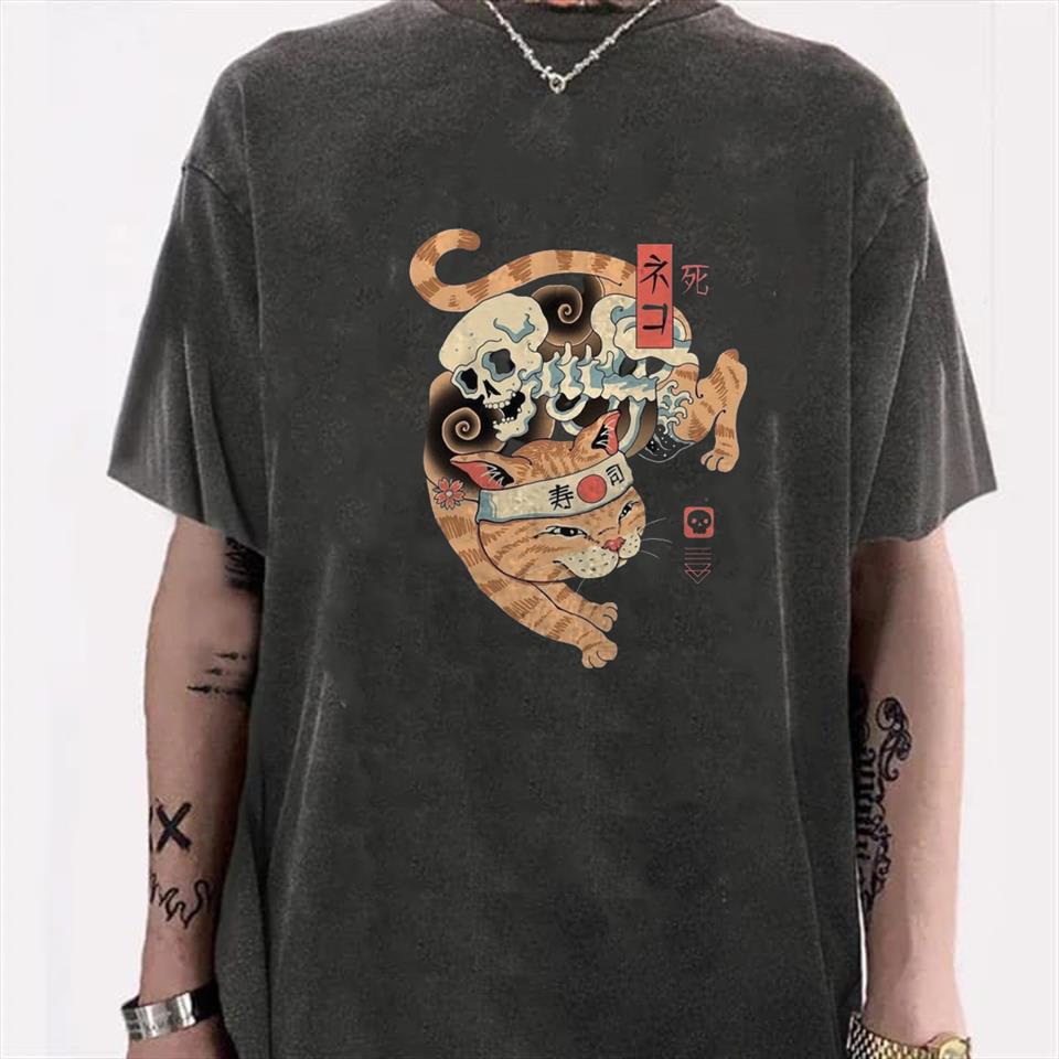 ESC BUTİK Yıkamalı Skeleton Cat Unisex Eskitme T-shirt