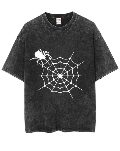 ESC BUTİK Yıkamalı Spider Baskılı Unisex Oversize Vintage T-shirt