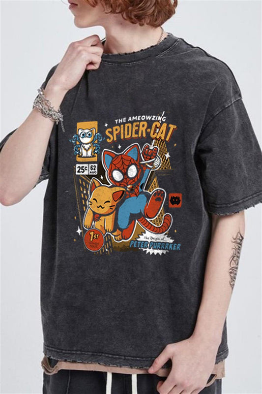 ESC BUTİK Yıkamalı Spider-Cat Baskılı Unisex Oversize Eskitme T-shirt