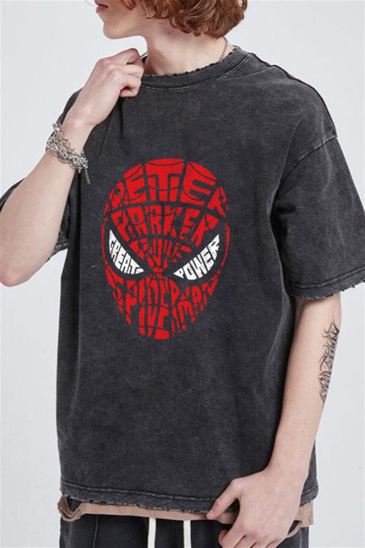 ESC BUTİK Yıkamalı Spider-Man Head Baskılı Oversize Eskitme T-shirt