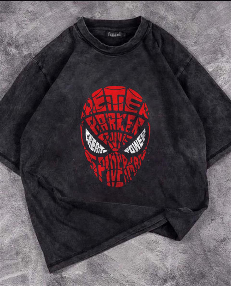 ESC BUTİK Yıkamalı Spider-Man Head Baskılı Oversize Eskitme T-shirt