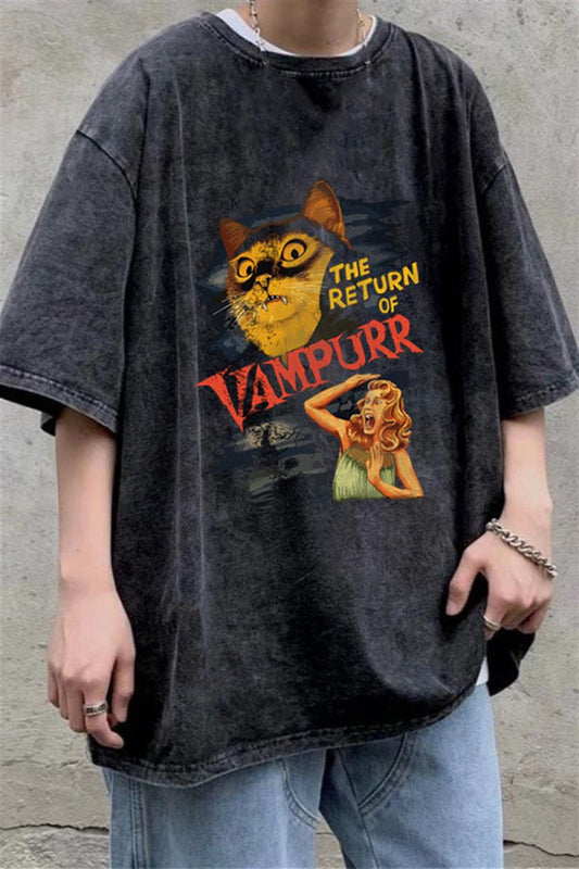 ESC BUTİK Yıkamalı The Return Of Vampurr Baskılı Unisex Oversize Eskitme T-shirt