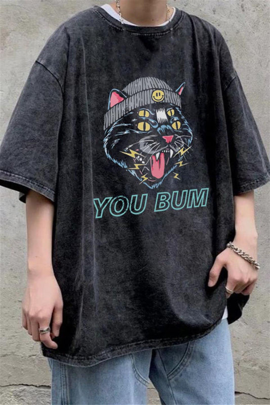 ESC BUTİK Yıkamalı You Bum Cat Baskılı Unisex Oversize Vintage Eskitme T-shirt